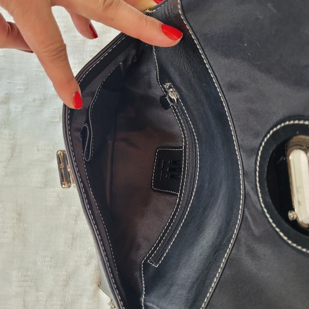 ili New York small black leather envelope clutch silver clasp chain strap edgy - Picture 6 of 9